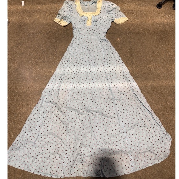 Vintage 1940's Seersucker Rose Floral Maxi Dress Lace Trim Prairie Cottagecore - Picture 7 of 7